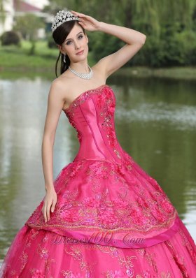 Hot Pink Hand Flowers Taffeta Strapless Quinceanea Dress