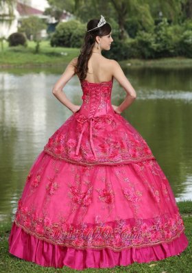 Hot Pink Hand Flowers Taffeta Strapless Quinceanea Dress