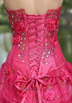 Hot Pink Hand Flowers Taffeta Strapless Quinceanea Dress