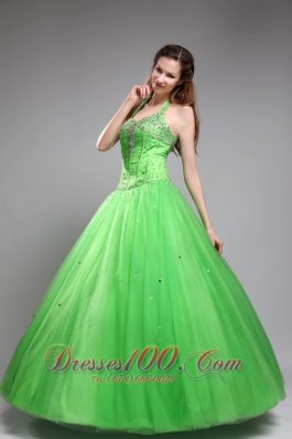 Spring Green Sweet 16 Dress Halter Beading Floor-length