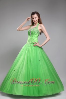 Spring Green Sweet 16 Dress Halter Beading Floor-length