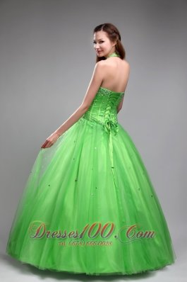 Spring Green Sweet 16 Dress Halter Beading Floor-length