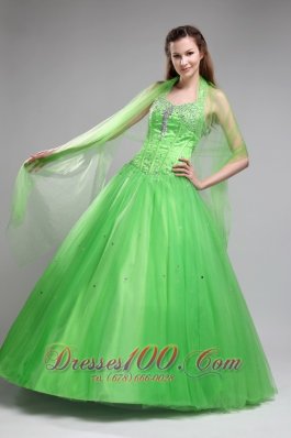 Spring Green Sweet 16 Dress Halter Beading Floor-length