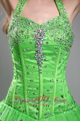 Spring Green Sweet 16 Dress Halter Beading Floor-length