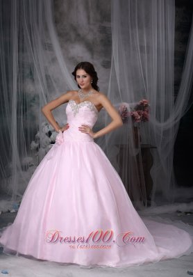 Pink Appliques Hand Flowers Chapel Train Quinceanea Dress