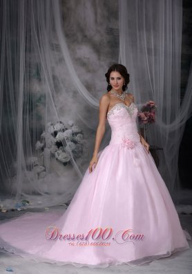 Pink Appliques Hand Flowers Chapel Train Quinceanea Dress