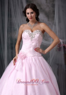 Pink Appliques Hand Flowers Chapel Train Quinceanea Dress