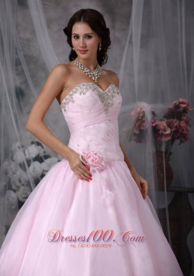 Pink Appliques Hand Flowers Chapel Train Quinceanea Dress