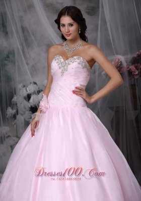 Pink Appliques Hand Flowers Chapel Train Quinceanea Dress