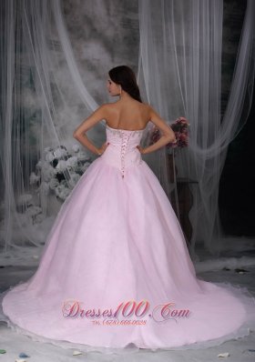 Pink Appliques Hand Flowers Chapel Train Quinceanea Dress