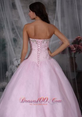 Pink Appliques Hand Flowers Chapel Train Quinceanea Dress