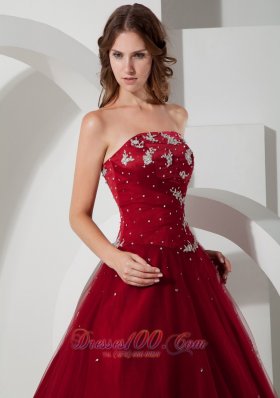 Wine Red Strapless Quinceanea Dress Satin Tulle Appliques