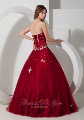 Wine Red Strapless Quinceanea Dress Satin Tulle Appliques