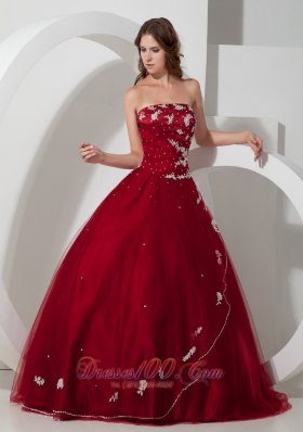 Wine Red Strapless Quinceanea Dress Satin Tulle Appliques