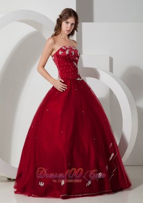 Wine Red Strapless Quinceanea Dress Satin Tulle Appliques