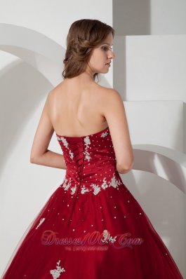 Wine Red Strapless Quinceanea Dress Satin Tulle Appliques