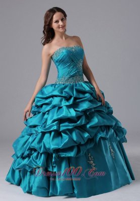 Turquoise Ruch Bead Pick-ups Floor-length Quinceanea Dress