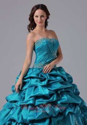 Turquoise Ruch Bead Pick-ups Floor-length Quinceanea Dress