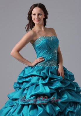 Turquoise Ruch Bead Pick-ups Floor-length Quinceanea Dress