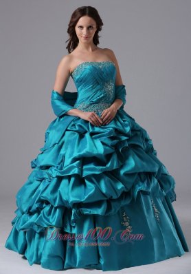 Turquoise Ruch Bead Pick-ups Floor-length Quinceanea Dress