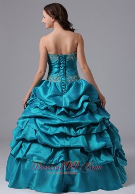 Turquoise Ruch Bead Pick-ups Floor-length Quinceanea Dress