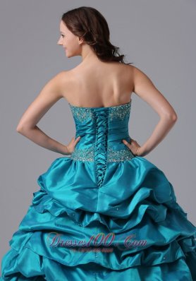 Turquoise Ruch Bead Pick-ups Floor-length Quinceanea Dress