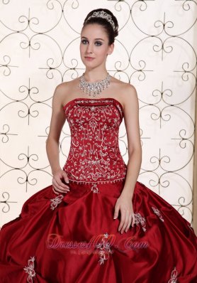 Wine Red Pick-ups Embroidery Strapless Quinceanea Dress