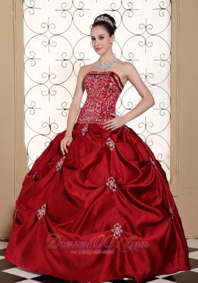 Wine Red Pick-ups Embroidery Strapless Quinceanea Dress