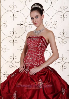 Wine Red Pick-ups Embroidery Strapless Quinceanea Dress