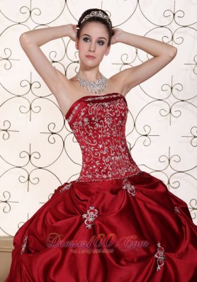 Wine Red Pick-ups Embroidery Strapless Quinceanea Dress