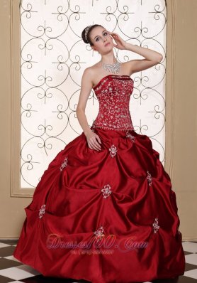 Wine Red Pick-ups Embroidery Strapless Quinceanea Dress