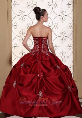 Wine Red Pick-ups Embroidery Strapless Quinceanea Dress