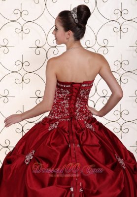 Wine Red Pick-ups Embroidery Strapless Quinceanea Dress