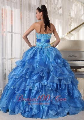 Blue Appliques Paillette Floor-length Quinceanea Dress