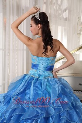 Blue Appliques Paillette Floor-length Quinceanea Dress