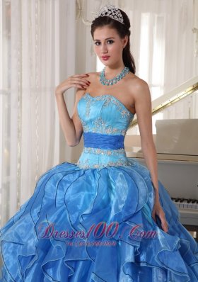 Blue Appliques Paillette Floor-length Quinceanea Dress