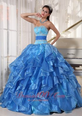 Blue Appliques Paillette Floor-length Quinceanea Dress