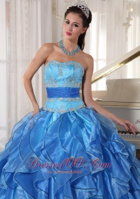 Blue Appliques Paillette Floor-length Quinceanea Dress