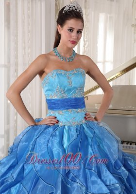 Blue Appliques Paillette Floor-length Quinceanea Dress