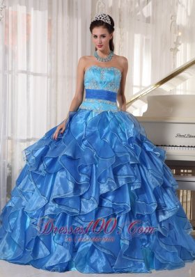 Blue Appliques Paillette Floor-length Quinceanea Dress