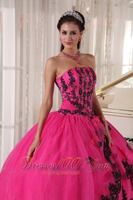 Classic Hot Pink Appliques Bead Strapless Quinceanea Dress