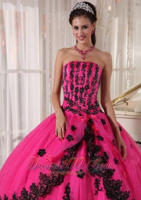 Classic Hot Pink Appliques Bead Strapless Quinceanea Dress