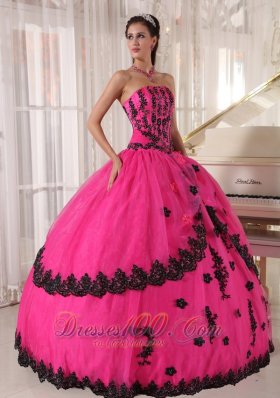 Classic Hot Pink Appliques Bead Strapless Quinceanea Dress