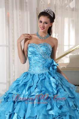 Aqua Blue Quinceanera Dress Beading Hand Flower