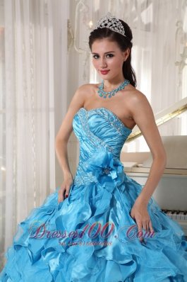 Aqua Blue Quinceanera Dress Beading Hand Flower