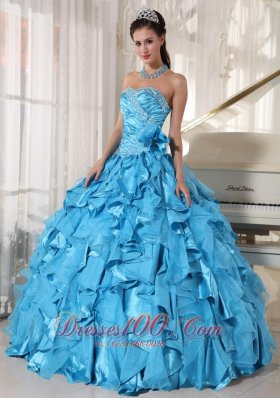 Aqua Blue Quinceanera Dress Beading Hand Flower