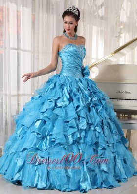 Aqua Blue Quinceanera Dress Beading Hand Flower