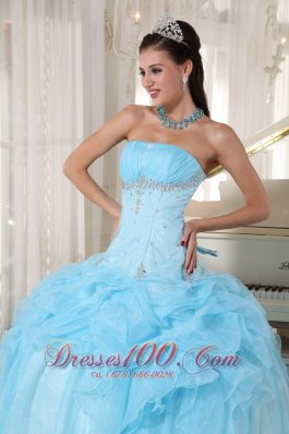 Baby Blue Strapless Ball Gown Bead Quinceanea Dress