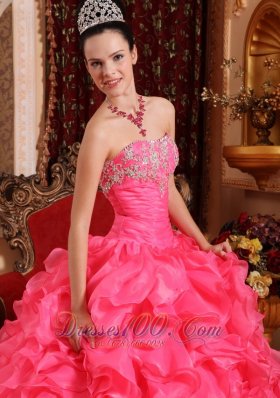 Hot Pink Bead Appliques Ruffles Strapless Quinceanea Dress