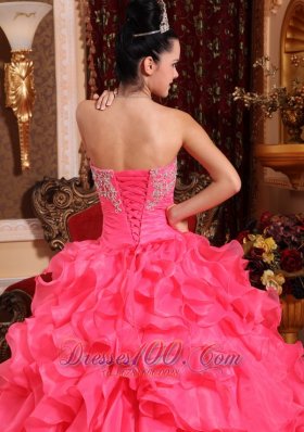 Hot Pink Bead Appliques Ruffles Strapless Quinceanea Dress